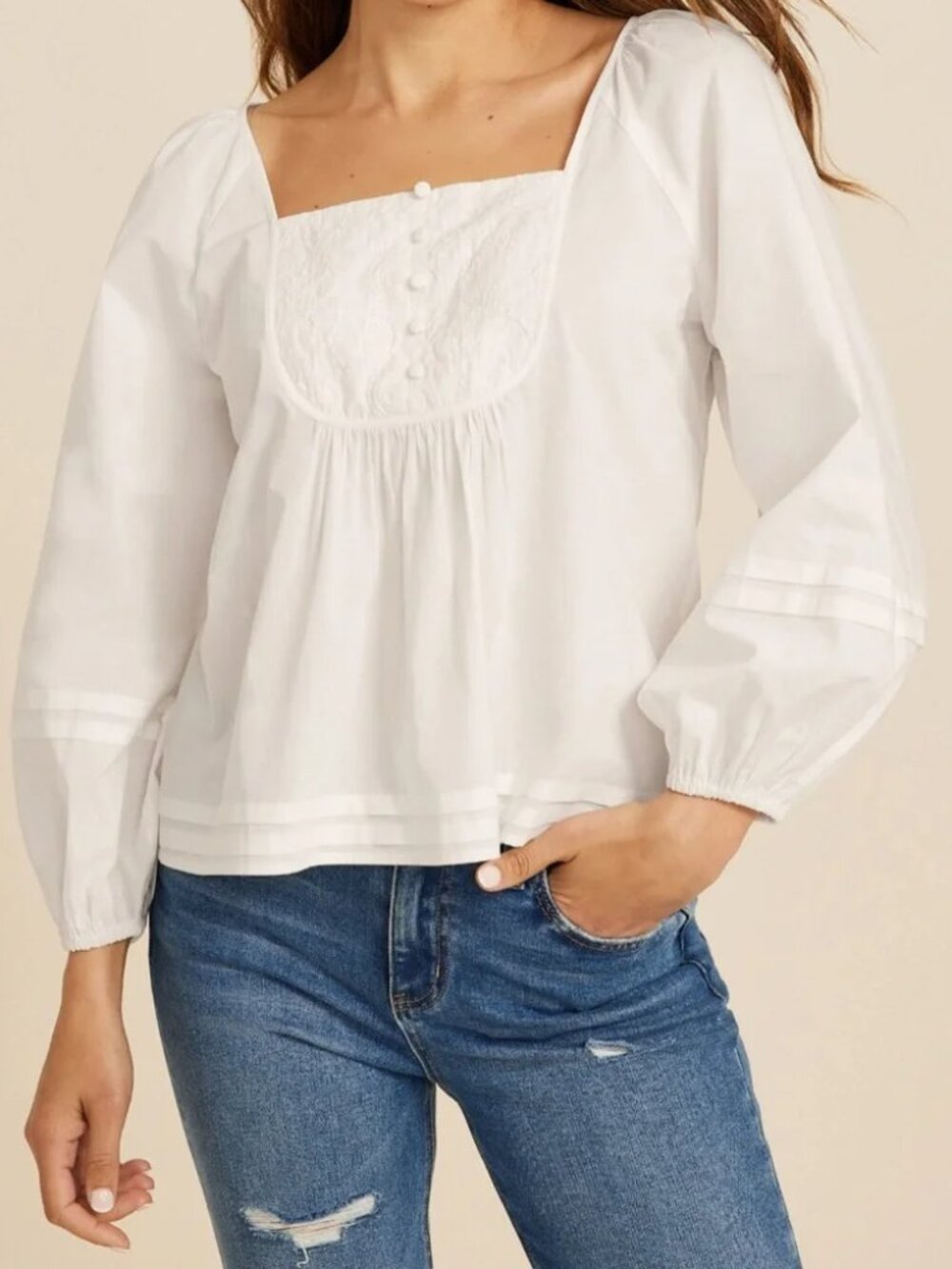 maurices | White Cotton Embroidered Balloon Sleeve Peasant Blouse Medium